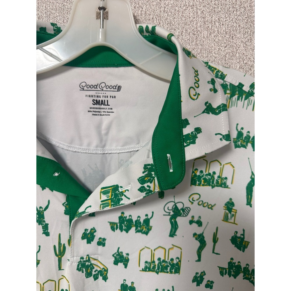 Good Good Golf Mens Small White Green Fighting For Par All Over Print Polo Shirt